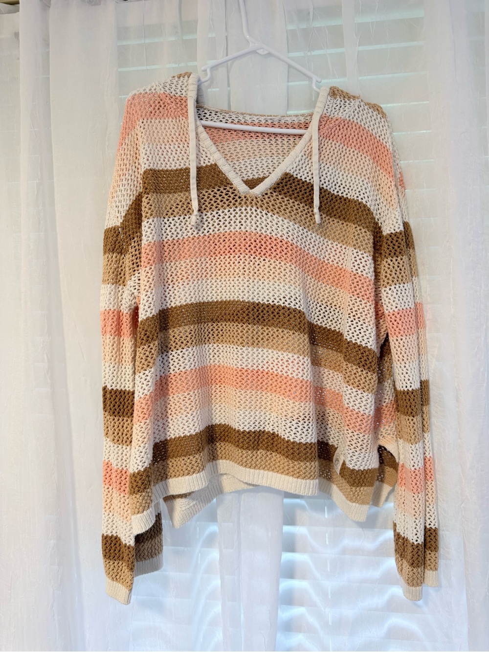 Striped V-Neck Hooded Open-Knit Sweater in Cream, Pink & Brown